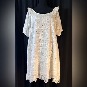 VOY Large White Eyelet Puff Sleeve Tiered Dress with Bow Back and Scallops v7